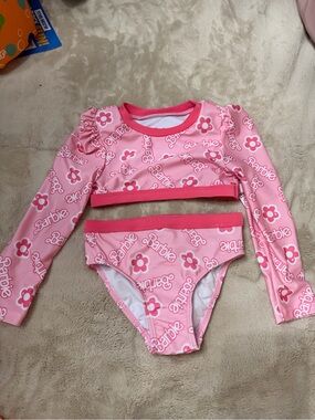 Barbie Pink Floral Long-Sleeve Two-Piece Swim Set Sz 2t